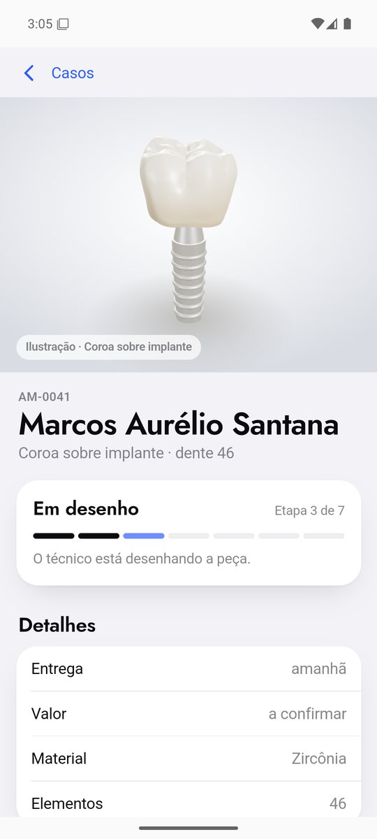 Tela de um caso com a peça em 3D e as etapas
